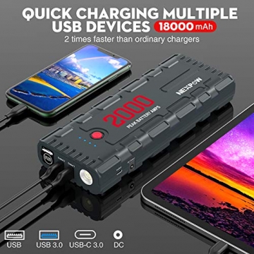 NEXPOW 2000A 18000mAh Car Jump Starter with USB Quick Charge 3.0 (Up to 7.0L Gas or 6.5L Diesel Engine), 12V Portable Battery Starter, Battery Booster with Built-in LED Light - 5