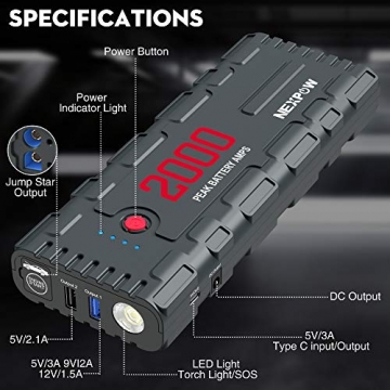NEXPOW 2000A 18000mAh Car Jump Starter with USB Quick Charge 3.0 (Up to 7.0L Gas or 6.5L Diesel Engine), 12V Portable Battery Starter, Battery Booster with Built-in LED Light - 6