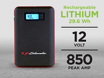 Schumacher SL1463  850 Amp 12V Rechargeable Lithium Jump Starter Starts 6.0L - Gas | 3.0L - Diesel vehicles USB Power for Charging Phones/Tablets Auto Pre-Boost for Ultimate Cold Temp Starting - 2