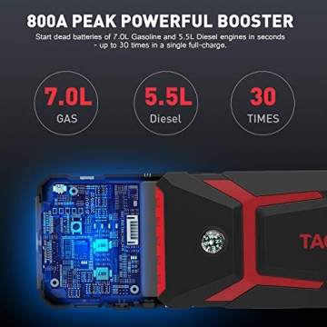 TACKLIFE T8 800A Peak 18000mAh Car Jump Starter with LCD Display (up to 7.0L Gas, 5.5L Diesel Engine), 12V Auto Battery Booster with Smart Jumper Cable, Quick Charging - 2