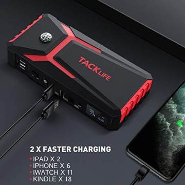 TACKLIFE T8 800A Peak 18000mAh Car Jump Starter with LCD Display (up to 7.0L Gas, 5.5L Diesel Engine), 12V Auto Battery Booster with Smart Jumper Cable, Quick Charging - 4