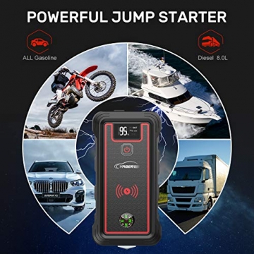 YABER Car Jump Starter, 2500A Peak 23800mAh Car Battery Jump Starter(All Gas or 8.0L Diesel) Portable Wireless Charger with LED Flashlight, EC5 Cigarette Lighter, Safety Hammer, LCD Screen - 3
