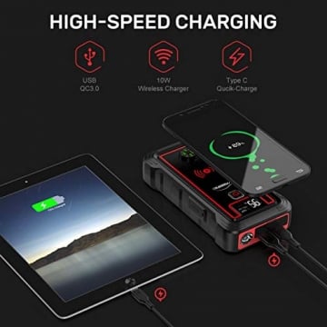 YABER Car Jump Starter, 2500A Peak 23800mAh Car Battery Jump Starter(All Gas or 8.0L Diesel) Portable Wireless Charger with LED Flashlight, EC5 Cigarette Lighter, Safety Hammer, LCD Screen - 4
