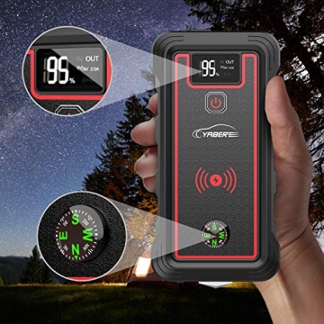 YABER Car Jump Starter, 2500A Peak 23800mAh Car Battery Jump Starter(All Gas or 8.0L Diesel) Portable Wireless Charger with LED Flashlight, EC5 Cigarette Lighter, Safety Hammer, LCD Screen - 5