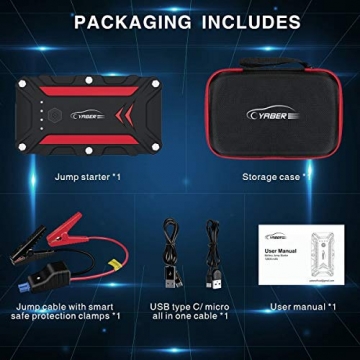 YABER Car Jump Starter,1200A Peak 15000mAh Battery Jump Starter (up to 7.5L Gas/6.0L Diesel Engine),IP68 Waterproof Portable Power Pack with QC3.0 Ports and LED Light,12V Auto Battery Booster - 3