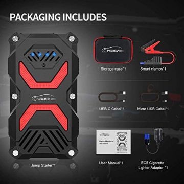 YABER Jump Starter, Car Battery Jump Starter Pack 1000A 13800mAh for 6.0L Gas/5.0L Diesel, IP68 Waterproof Portable 12V Auto Battery Jumper with USB QC3.0 Ports and Smart Jumper Cable - 4