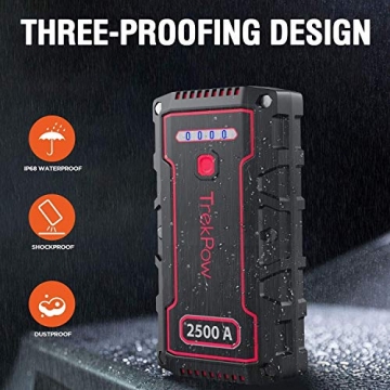 Car Battery Jump Starter, TrekPow TJ2500 2500A Peak 18000mAh Portable Jumper Box(Up to 9.0L Gas/8.0L Diesel Engine), 12V Battery Jumper with Supersafe Jumper Cables, IP68 Waterproof, QC3.0, Flashlight - 2