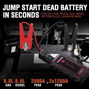 Car Battery Jump Starter, TrekPow TJ2500 2500A Peak 18000mAh Portable Jumper Box(Up to 9.0L Gas/8.0L Diesel Engine), 12V Battery Jumper with Supersafe Jumper Cables, IP68 Waterproof, QC3.0, Flashlight - 7