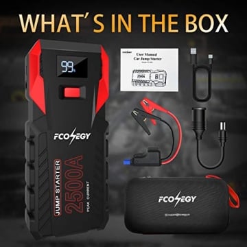 FCONEGY Car Jump Starter, 2500A Peak 26000mAh Portable Car Battery Starter Auto Battery Booster Pack with Smart Safety Jumper Cable,Type-C18W Input/Outputs - 2