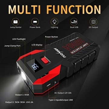FCONEGY Car Jump Starter, 2500A Peak 26000mAh Portable Car Battery Starter Auto Battery Booster Pack with Smart Safety Jumper Cable,Type-C18W Input/Outputs - 4