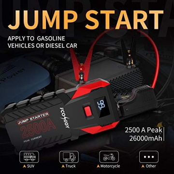 FCONEGY Car Jump Starter 2500A Peak 26000mAh Portable Car Battery Starter Auto Battery Booster Pack with Smart Safety Jumper Cable,Type-C18W Input/Outputs 