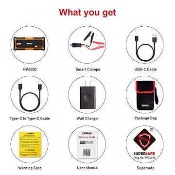 GOOLOO 4000A Peak SuperSafe Car Jump Starter (All Gas, up to 10.0L Diesel Engine) 12V Auto Battery Jumper Booster with USB Quick Charge and Type C Port, Portable Power Pack for Trucks, SUVs, Orange - 3