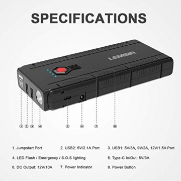 LEMSIR 1500Amps V2 QDSP 1500A Peak 12V Portable Car Lithium Jump Starter up to 8.0L Gas Or 6.2L Diesel, Auto Battery Booster Power Pack with Smart Jumper Cables - 7