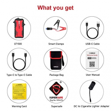 Car Jump Starter, GOOLOO GT1500 1500A Peak SuperSafe 12V Portable Water Resistant Lithium Power Pack Auto Battery Booster with USB Quick Charge, Type-C Port for Up to 8L Gas and 6L Diesel Engine - 2