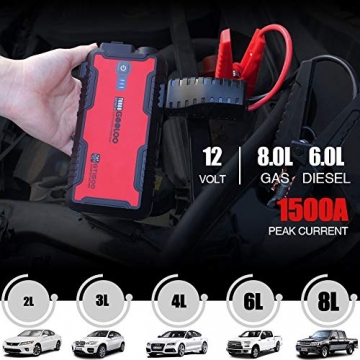 Car Jump Starter, GOOLOO GT1500 1500A Peak SuperSafe 12V Portable Water Resistant Lithium Power Pack Auto Battery Booster with USB Quick Charge, Type-C Port for Up to 8L Gas and 6L Diesel Engine - 5