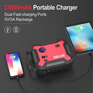Car Jump Starter with Air Compressor, BUTURE 2500A Peak 23800mAh 12V Auto Battery Booster(up to All Gas and 8.0L Diesel), 150 PSI Tire Inflator, QC3.0 Power Bank with 120W DC Out and Emergency Light - 5