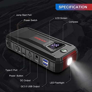 FCONEGY Car Jump Starter, 2000A Peak 12V Auto Battery Booster 20000mAh Portable Power Pack with Dual USB Quick Charge 3.0,DC Output,LCD Screen,Compass,Led Light (up to 8.0L Gas, 7.0L Diesel Engine) - 2