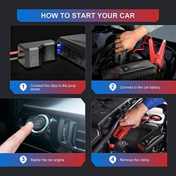 FCONEGY Car Jump Starter, 2000A Peak 12V Auto Battery Booster 20000mAh Portable Power Pack with Dual USB Quick Charge 3.0,DC Output,LCD Screen,Compass,Led Light (up to 8.0L Gas, 7.0L Diesel Engine) - 4