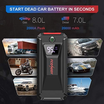 FCONEGY Car Jump Starter, 2000A Peak 12V Auto Battery Booster 20000mAh Portable Power Pack with Dual USB Quick Charge 3.0,DC Output,LCD Screen,Compass,Led Light (up to 8.0L Gas, 7.0L Diesel Engine) - 6
