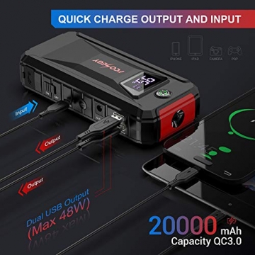 FCONEGY Car Jump Starter, 2000A Peak 12V Auto Battery Booster 20000mAh Portable Power Pack with Dual USB Quick Charge 3.0,DC Output,LCD Screen,Compass,Led Light (up to 8.0L Gas, 7.0L Diesel Engine) - 7