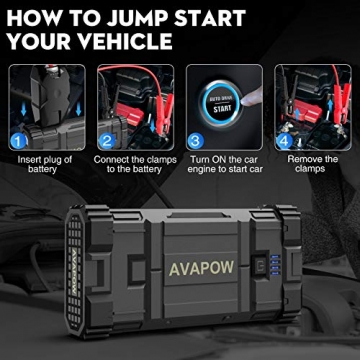 AVAPOW Car Battery Jump Starter Portable,1500A Peak 12800mAh,Jump Starter Battery Pack,Jumper Box(Up to 6L Gas 5.5L Diesel Engine)Auto Battery Booster with Smart Safety Cable,USB Fast Charging,Type-c… - 3