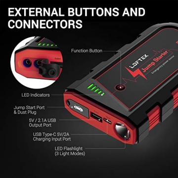 LOFTEK Portable Car Battery Jump Starter (Up to 7.0L Gas or 5.5L Diesel Engine), 1000A Peak Portable Charger 12V Power Pack Auto Battery Booster with Built-in LED Light, Red - 3