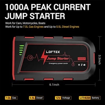 LOFTEK Portable Car Battery Jump Starter (Up to 7.0L Gas or 5.5L Diesel Engine), 1000A Peak Portable Charger 12V Power Pack Auto Battery Booster with Built-in LED Light, Red - 5