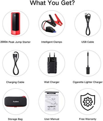 Audew Upgraded Car Jump Starters, Jump Box 2000A Peak 20000mAh Battery Charger Automotive(up to All Gas and 8.5L Diesel), 12V Battery Booster with 3 Modes LED Flashlight and Dual QC USB Ports - 2