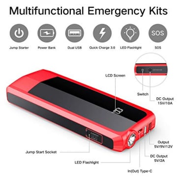 Audew Upgraded Car Jump Starters, Jump Box 2000A Peak 20000mAh Battery Charger Automotive(up to All Gas and 8.5L Diesel), 12V Battery Booster with 3 Modes LED Flashlight and Dual QC USB Ports - 8