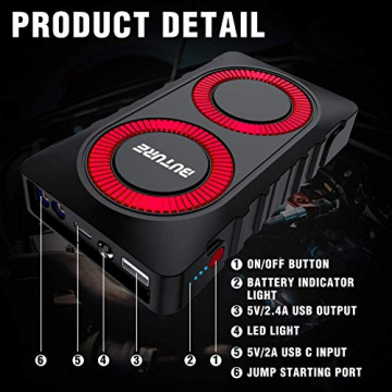 BUTURE Portable Car Jump Starter, 800A 12000mAh Lithium Car Starter for up to 6.0L Gas/5.0L Diesel Engine, Quick-Charge Car Battery Jump Starter with Extended Smart Jumper Cables, Flashlight - 2