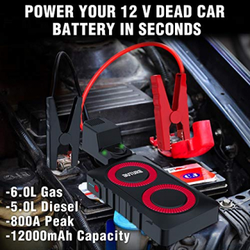 BUTURE Portable Car Jump Starter, 800A 12000mAh Lithium Car Starter for up to 6.0L Gas/5.0L Diesel Engine, Quick-Charge Car Battery Jump Starter with Extended Smart Jumper Cables, Flashlight - 8