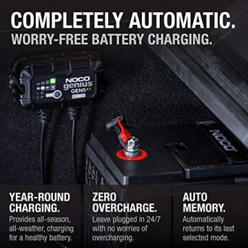 NOCO Genius GEN5X1, 1-Bank, 5-Amp (5-Amp Per Bank) Fully-Automatic Smart Marine Charger, 12V Onboard Battery Charger, Battery Maintainer and Battery Desulfator with Temperature Compensation - 5