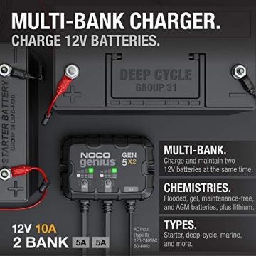 NOCO Genius GEN5X2, 2-Bank, 10-Amp (5-Amp Per Bank) Fully-Automatic Smart Marine Charger, 12V Onboard Battery Charger, Battery Maintainer and Battery Desulfator with Temperature Compensation - 2