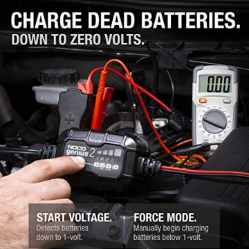 NOCO GENIUS2, 2-Amp Fully-Automatic Smart Charger, 6V and 12V Battery Charger, Battery Maintainer, Trickle Charger, and Battery Desulfator with Temperature Compensation - 5
