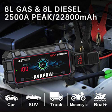 AVAPOW Car Battery Jump Starter 2500A Peak 22800mAh, Portable Auto Battery Boost Pack Jumper Box (Up to 8L Gas 8L Diesel Engine with Smart Safety Cable, Wireless Charging and USB Fast Charging, IP65 - 2