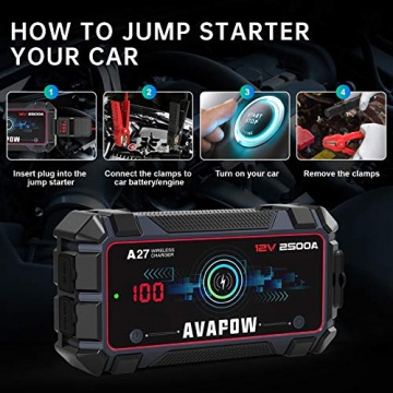 AVAPOW Car Battery Jump Starter 2500A Peak 22800mAh, Portable Auto Battery Boost Pack Jumper Box (Up to 8L Gas 8L Diesel Engine with Smart Safety Cable, Wireless Charging and USB Fast Charging, IP65 - 7