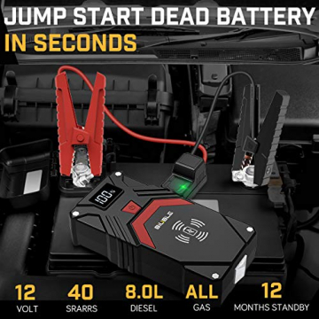 BIUBLE Car Jump Starter, 2500A Peak 24000mAh (Up to All Gas or 8.0L Diesel Engine, 50 Times) 12V Auto Booster Battery Pack Jump Box with 10W Wireless Charger Smart Jump Cables - 2
