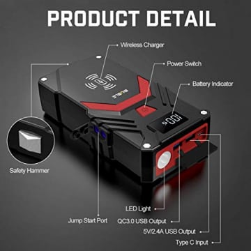 Up to All Gas or 8.0L Diesel Engine, 50 Times 2500A Peak 24000mAh 12V Auto Booster Battery Pack Jump Box with 10W Wireless Charger Smart Jump Cables BIUBLE Car Jump Starter 