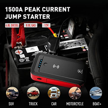 Car Jump Starter, FLYLINKTECH 18000mAh 1500A Peak 12V Car Battery Booster, Dual Quick Charge 3.0, Splash-Proof, Wireless Charger, Rotatable LED Flashlight, Magnet Absorption (8.0L Gas & 6.0L Diesel) - 2