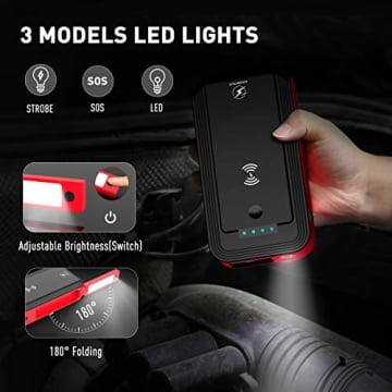 Car Jump Starter, FLYLINKTECH 18000mAh 1500A Peak 12V Car Battery Booster, Dual Quick Charge 3.0, Splash-Proof, Wireless Charger, Rotatable LED Flashlight, Magnet Absorption (8.0L Gas & 6.0L Diesel) - 6