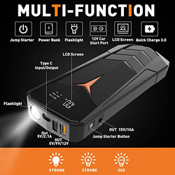 Car Jump Starter, SUNPOW 2000A Peak 20000mAh Lithium Jump Starter Pack(Up to All Gas and 8.5L Diesel),12V Auto Battery Booster for Cars, Trucks, SUV, Portable Power Pack with LCD Screen & LED Light - 4