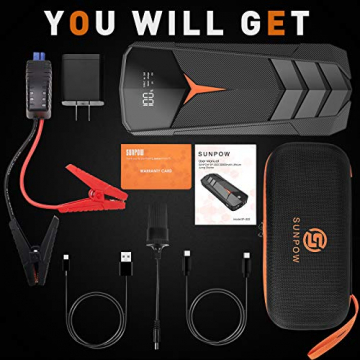 Car Jump Starter, SUNPOW 2000A Peak 20000mAh Lithium Jump Starter Pack(Up to All Gas and 8.5L Diesel),12V Auto Battery Booster for Cars, Trucks, SUV, Portable Power Pack with LCD Screen & LED Light - 7