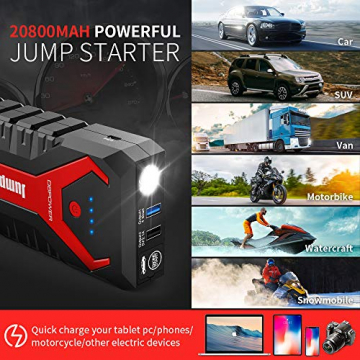 DBPOWER 2000A 20800mAh Portable Car Jump Starter (up to 8.0L Gas/6.5L Diesel Engines) Auto Battery Booster Pack with Dual USB Outputs, Type-C Port, and LED Flashlight - 6
