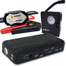 RUGGED GEEK RG1200 Safety Plus 1200A Portable Car Jump Starter with Wireless Charging, Type-C Ports and 12V Air Compressor/Pump. LED Display, INTELLIBOOST 2.0 Safety Cables, LED Flashlight, USB Ports. - 1