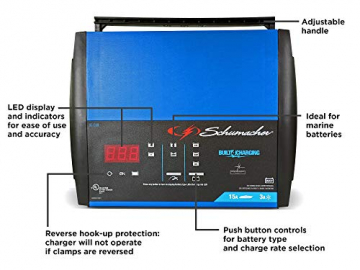 Schumacher Fully Automatic Battery Charger, Maintainer, and Auto Desulfator with Battery Detection – 15 Amp/3 Amp, 6V/12V - For Cars, Trucks, SUVs, Marine, RVs - 6