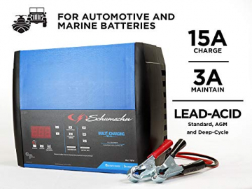 Schumacher Fully Automatic Battery Charger, Maintainer, and Auto Desulfator with Battery Detection – 15 Amp/3 Amp, 6V/12V - For Cars, Trucks, SUVs, Marine, RV Batteries - 2