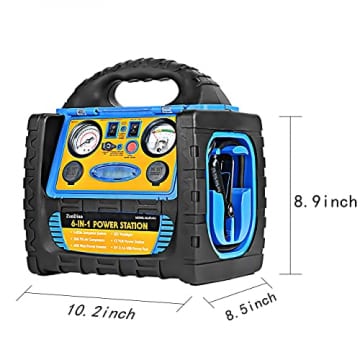 ZunDian 1400A Peak 12V Car Jump Starter, Portable Power Station Backup Battery Booster Dual AC/DC Ports Inverter with 260 PSI Air Compressor Tire Inflator, 2.1A USB Port, Battery Clamps - 6 in 1 - 7