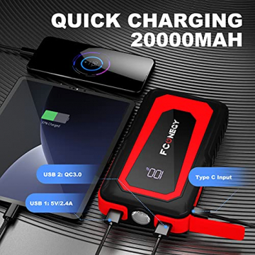 Car Jump Starter, FCONEGY 2000A Peak Portable Battery Jump Starter, 12V Battery Booster (up to 8.0L Gas, 7.0L Diesel Engine) 20000mAh Jumper Power Pack with Dual USB Quick Charge 3.0,LCD Screen - 3