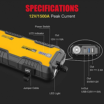 GOOLOO 1500A & 4000A Car Battery Charger Jump Starter,12V Automotive Jump Box with USB Quick Charge and Type C Port for Up to 10.0L Diesel Engine & All Gas - 8