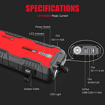 Gooloo 1500A Portable Car Jump Starter for Up to 8.0L Gas or 6.0L Diesel Engine,12V Lithium Car Battery Starter Power Pack,Red&Yellow - 6